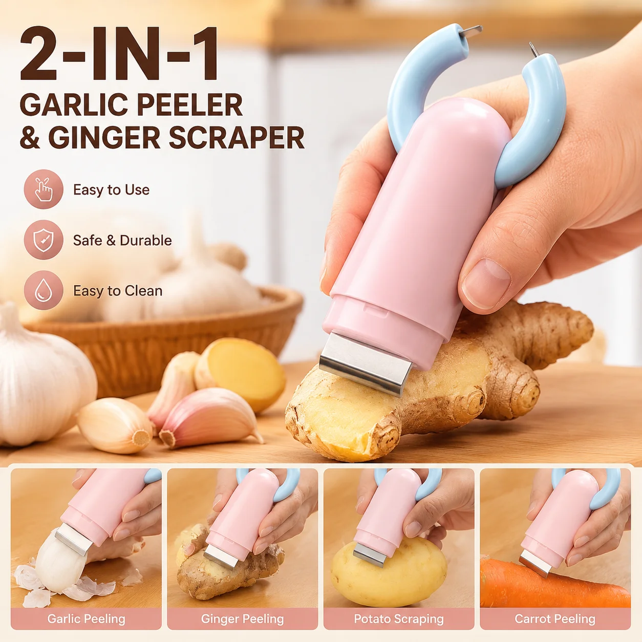 Garlic Peeler and Ginger Scraper in One, Ginger Cleaning, Scrape Residue, Peel and Remove Stems, Garlic Puller