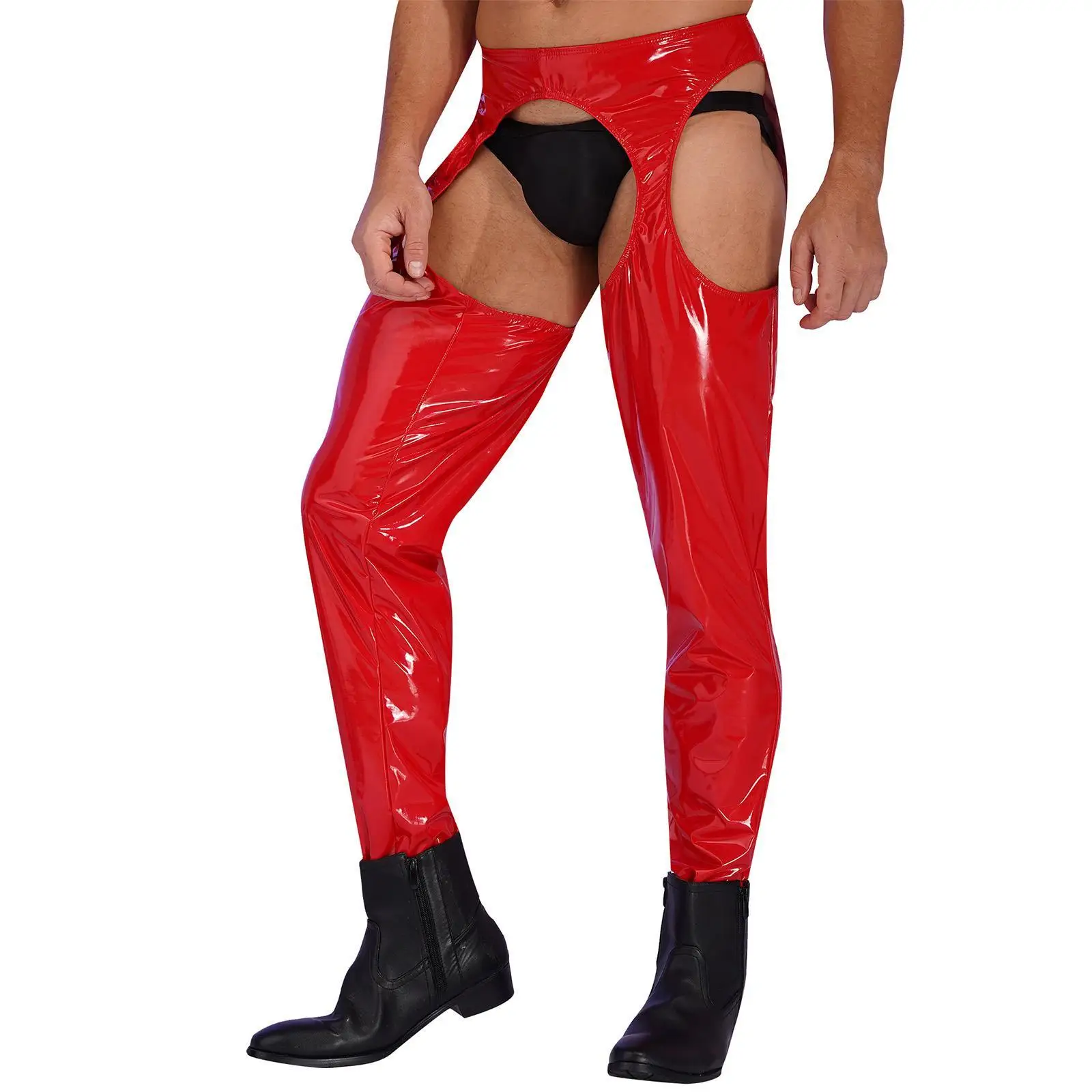 

Mens Trousers Shiny Wet Look Patent Leather Pants High Waist Hollow Out Crotchless Open Butt Latex Skinny Leggings Clubwear