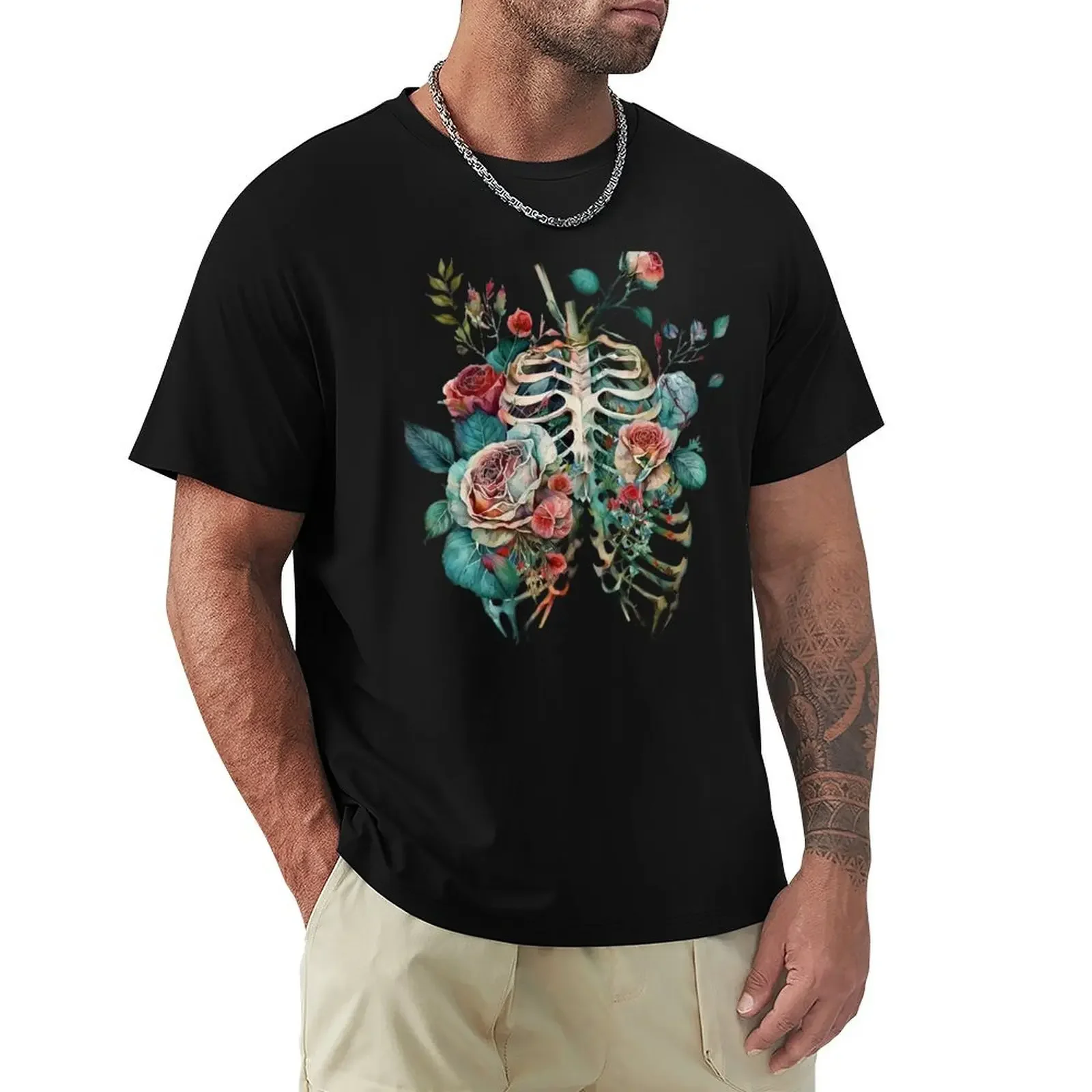 Floral Anatomy: A Ribcage Full of Watercolor Roses T-Shirt cute tops customs summer top mens cotton t shirts