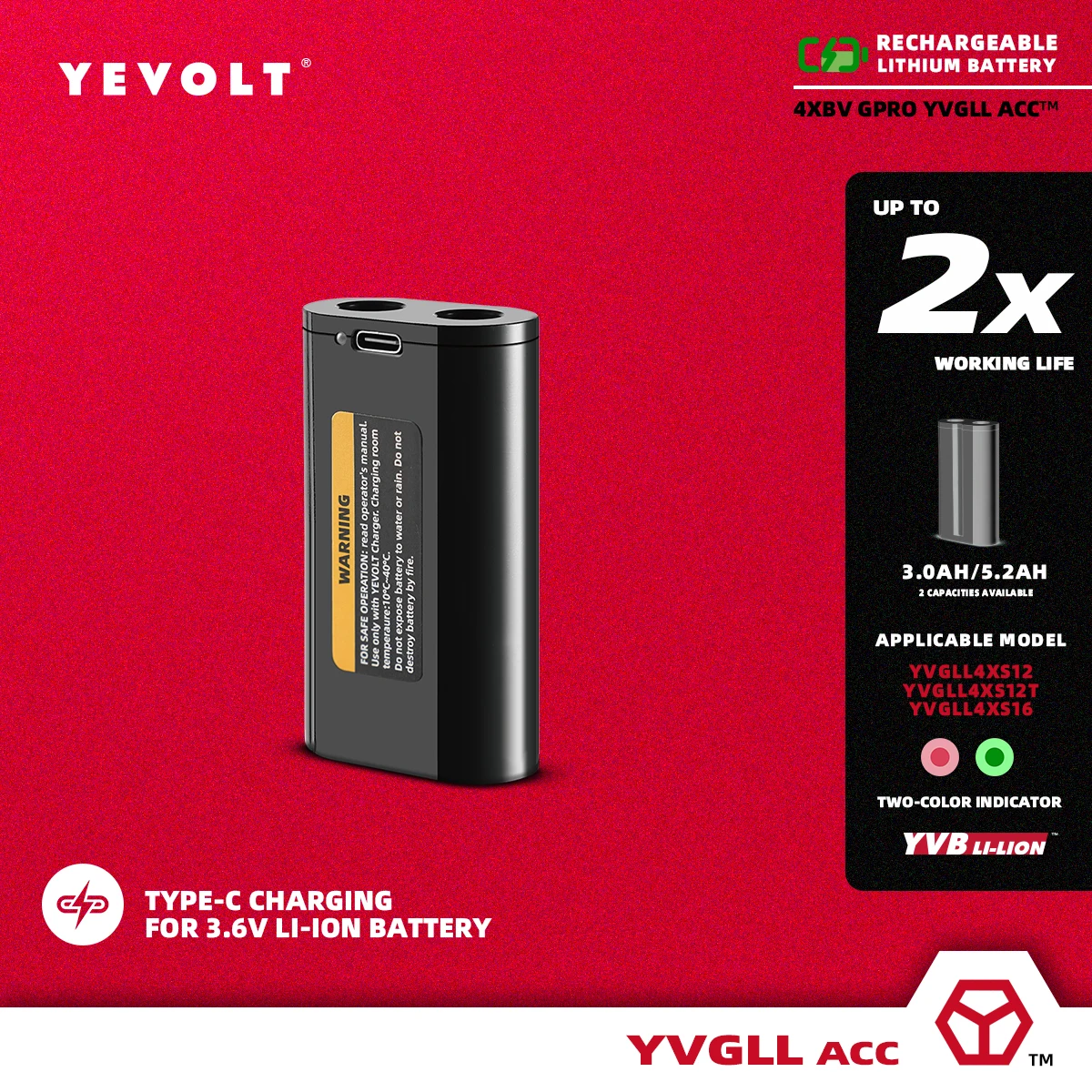 YEVOLT YVB-Series 3000mAh/5200mAh 3.6V akumulator litowo-jonowy kabel typu C YVGLL4XS12/YVGLL4XS12T/YVGLL4XS16 poziom lasera