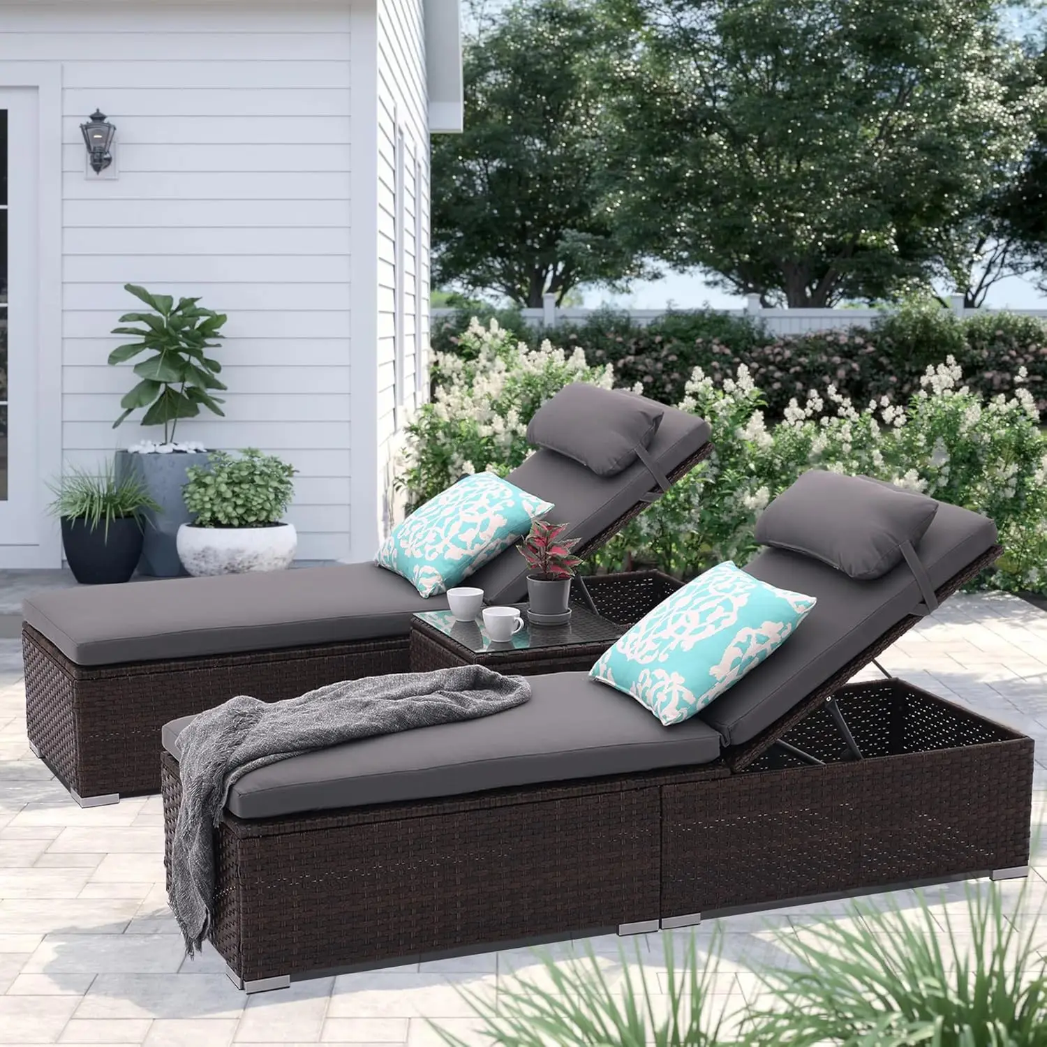 

3 Pcs Patio Chaise Lounge Outdoor Lounge Chair Patio Reclining Chair With Coffee Table Cushion&Pillow 5 Angle Adjustment Pe