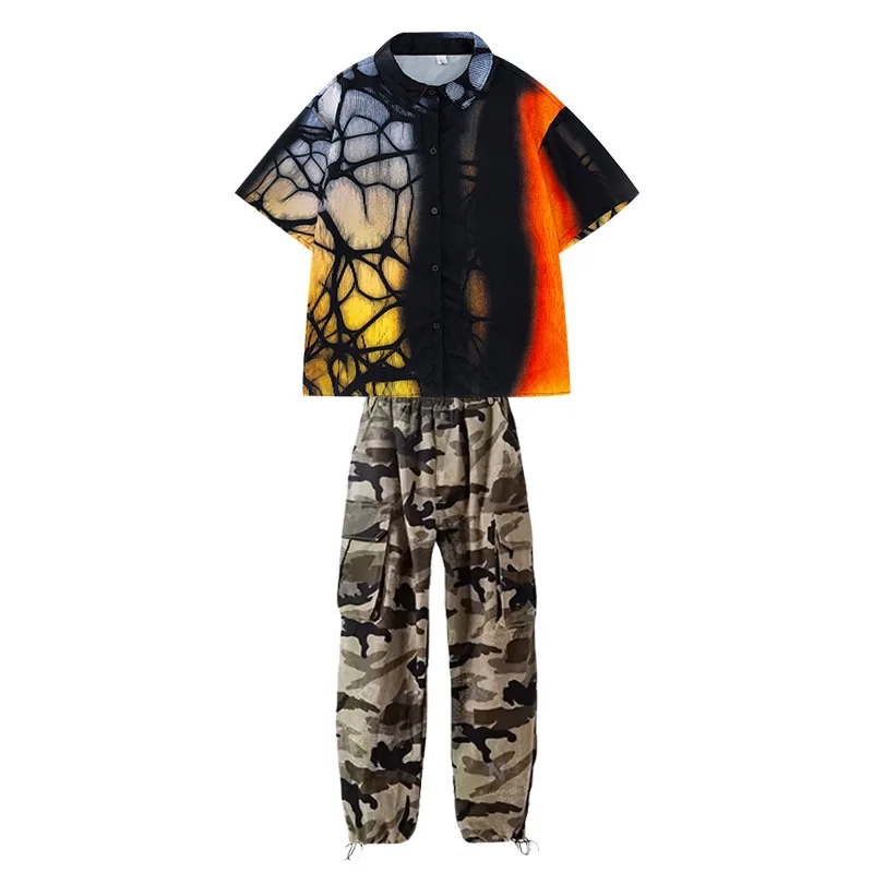 Disfraz de baile de Jazz para niños y niñas, ropa de calle fresca, Hip Hop, Camisa estampada, pantalones de camuflaje, traje Kpop de escenario, SL10706