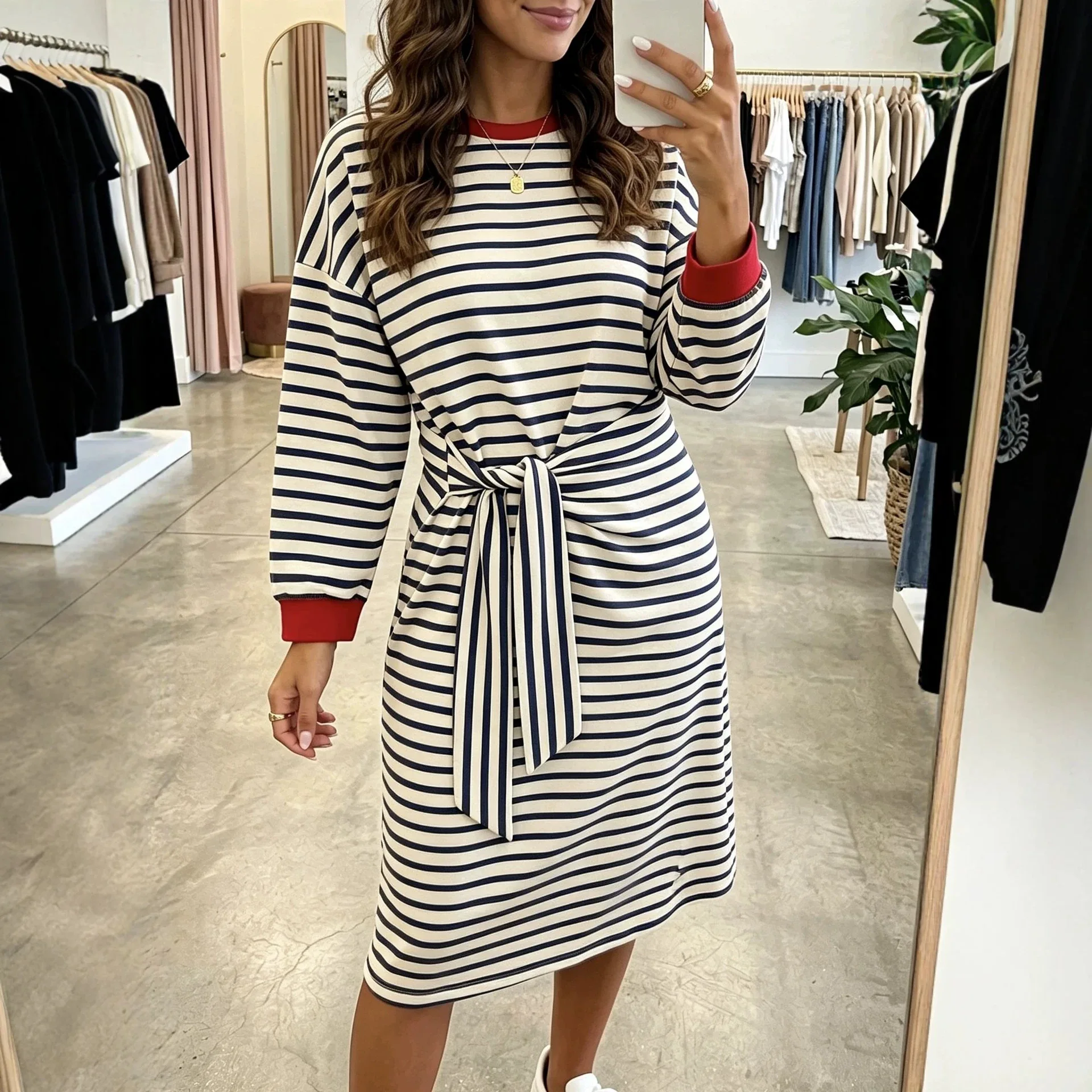 2026 New Autumn. And Winter Strip Patchwork Long-sleeve Loose-fitting Women's Dress, Slimming Effect Y2k、 Bandage Robe