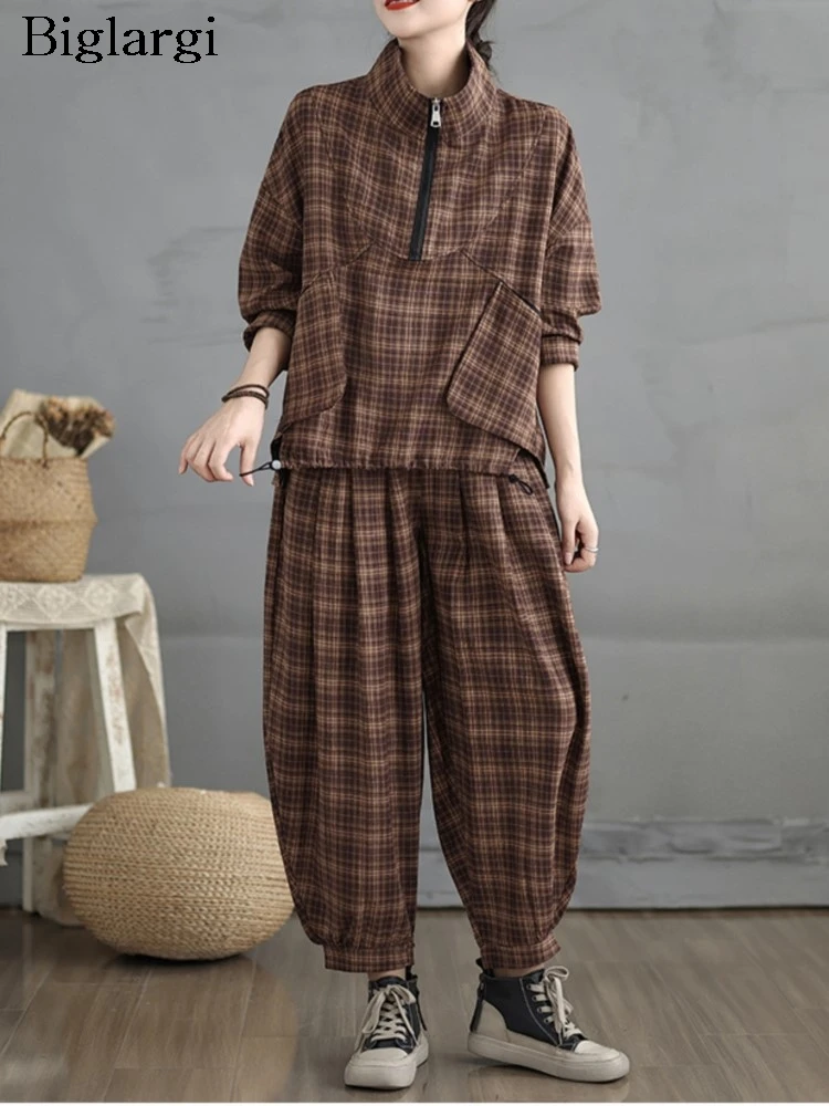 

Oversized Plaid Striped Print Autumn 2 Two Piece Set Women Fashion Ladies Pullover Blouses Loose Pleated Korean Woman Harem Pant