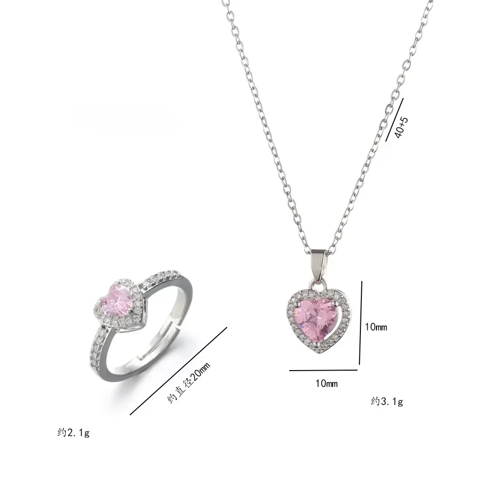 Charm Pink Heart Crystal Pendant Necklace for Women Temperament Silver Color Stainless Steel Collar Rings Jewelry Set Colorfast view 6