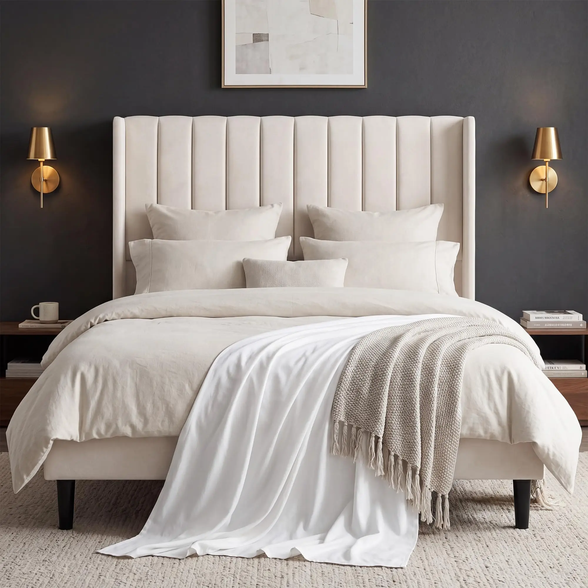 Full Queen King Velvet Platform Bed Frame, 52in Tall Wingback Channel Tufted Headboard, Beige Upholstered Bed, Wood Slats, Storage