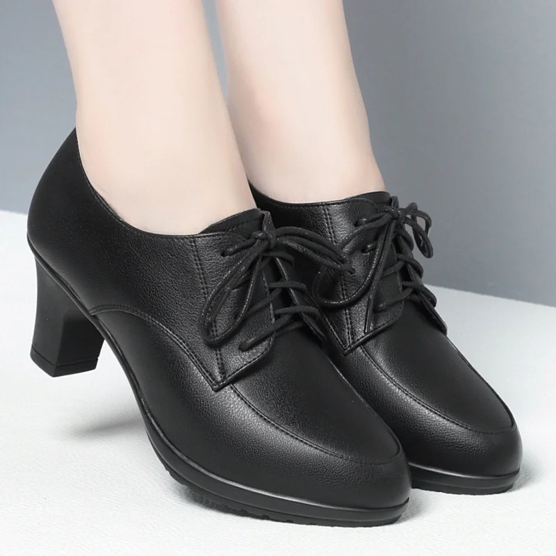 Women Work Shoes  Black Lace Up Middle Heel Leather Shoes Spring Autumn Soft Soles Breathable Comfortable Single Shoes