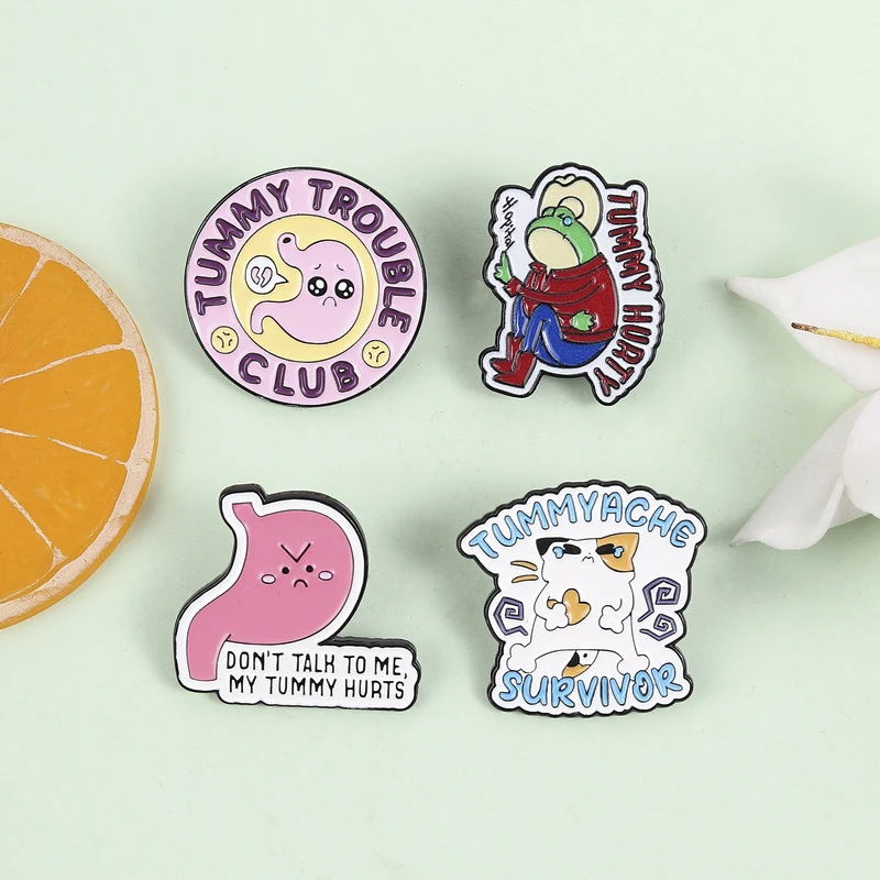 

Witty Tummy Trouble Enamel Pins Humorous Cat Frog Brooches Bold Relatable Slogan Lapel Badges Jewelry Gift