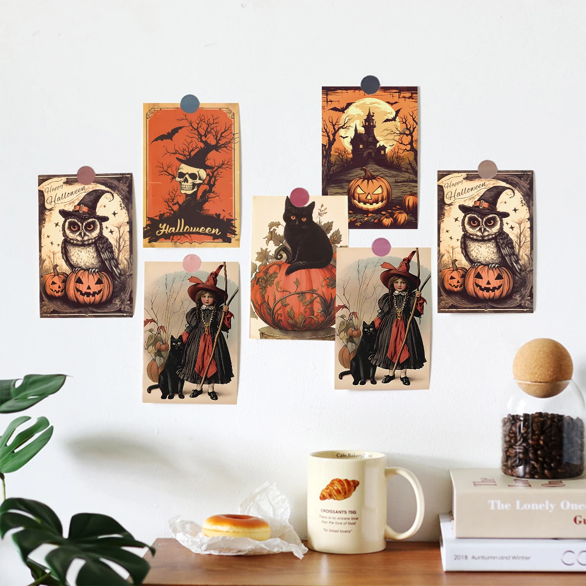 10pcs Vintage Halloween Greeting Cards Halloween Decoration Postcard with Black Cat,Pumpkin, Wall Stickers Note Cards Home Decor