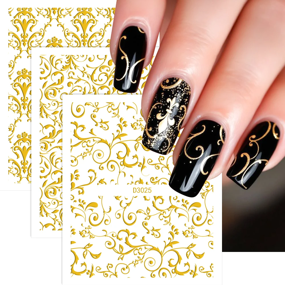 30 Sheets Gold Metallic Flowers Vine Nail Art Decals  3D Lace Flower Nail Sticker Self-Adhesive Nail Art Decoration 5.5*6.5cm