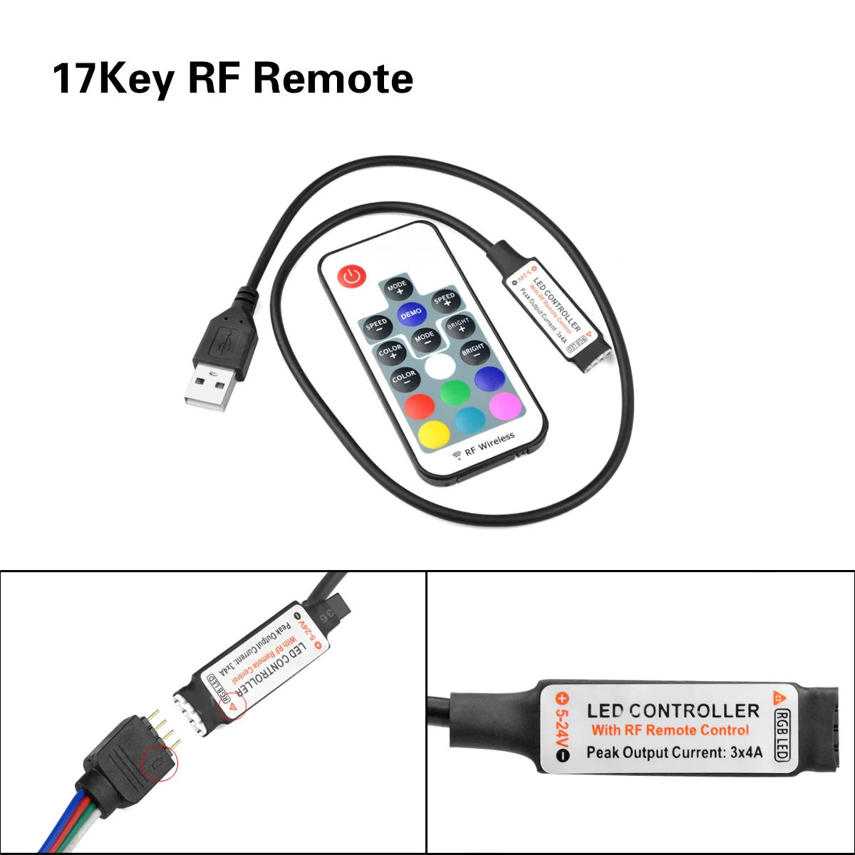 وحدة تحكم USB RGB لشريط LED 5 فولت مفتاح صغير 3 مفاتيح / 24 مفتاح تحكم بالأشعة تحت الحمراء / 17 مفتاحًا RF عن بعد لإضاءة ديكور المنزل