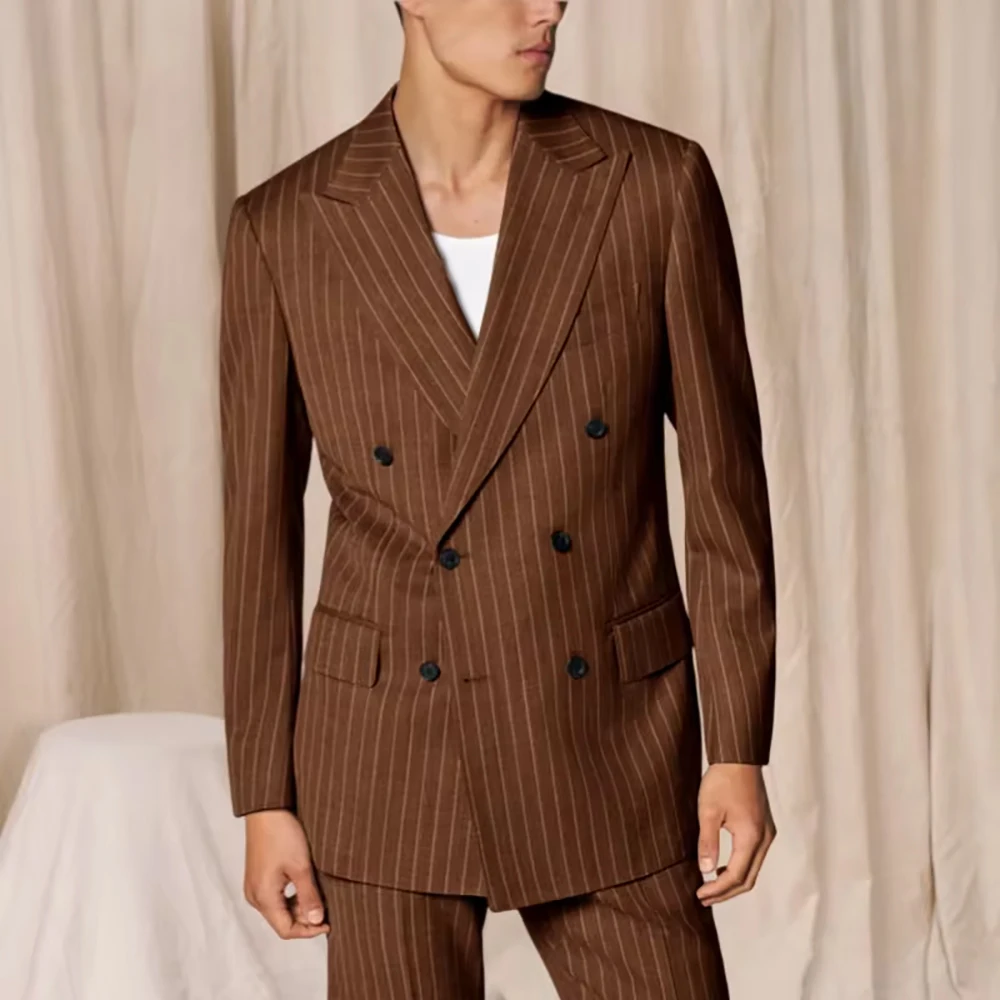 

Мужские костюмы на заказ: пиджак в полоску с пик-лапелью, двубортный, приталенный, стандартной длины, комплект из 2 предметов (пиджак и брюки)