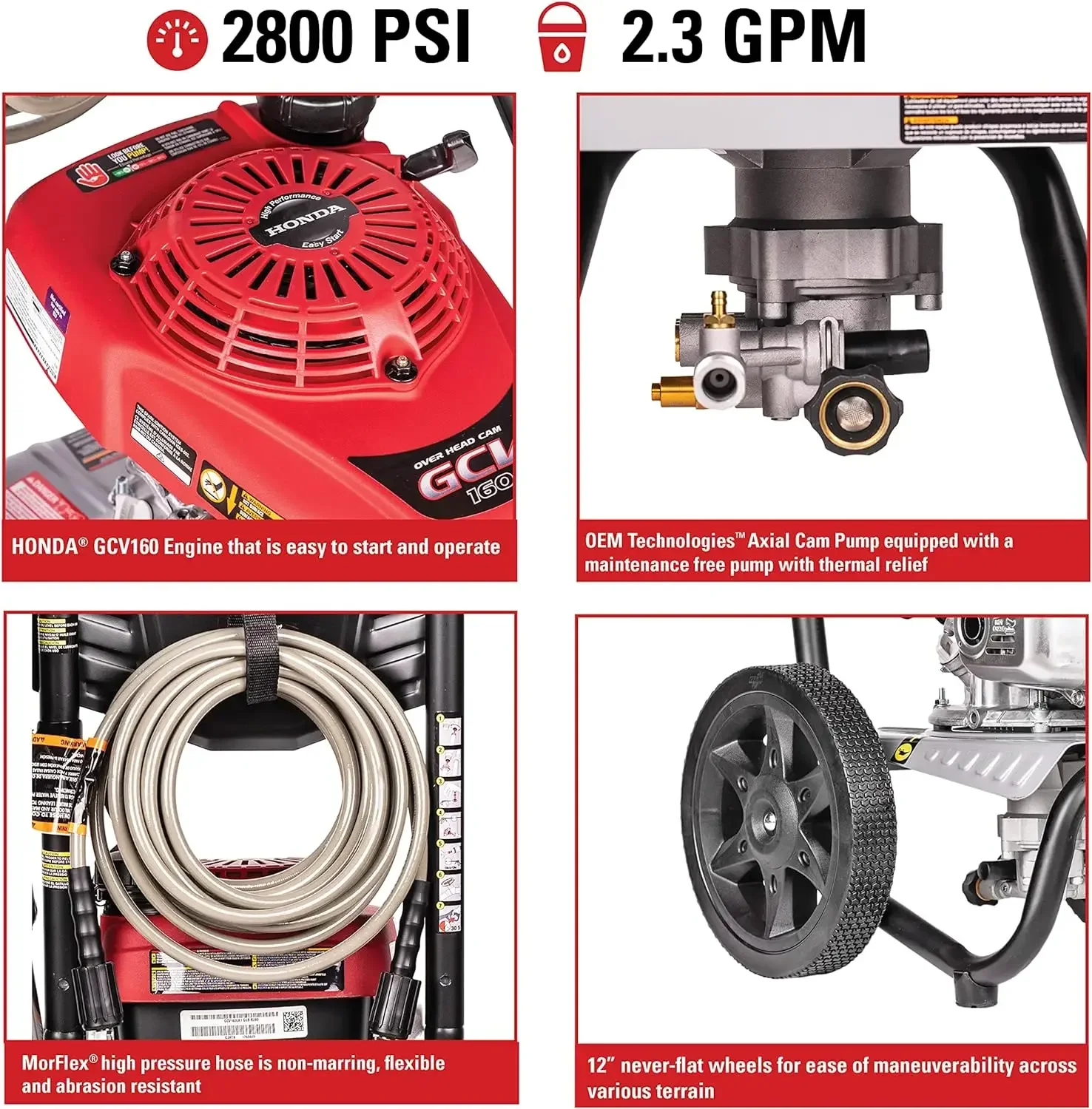 2800 PSI Gas Pressure Washer, 2.3 GPM,  Includes Spray Gun and Extension Wand, 4 QC Nozzle Tips, 1/4-in. x 25-ft. MorFlex Hose