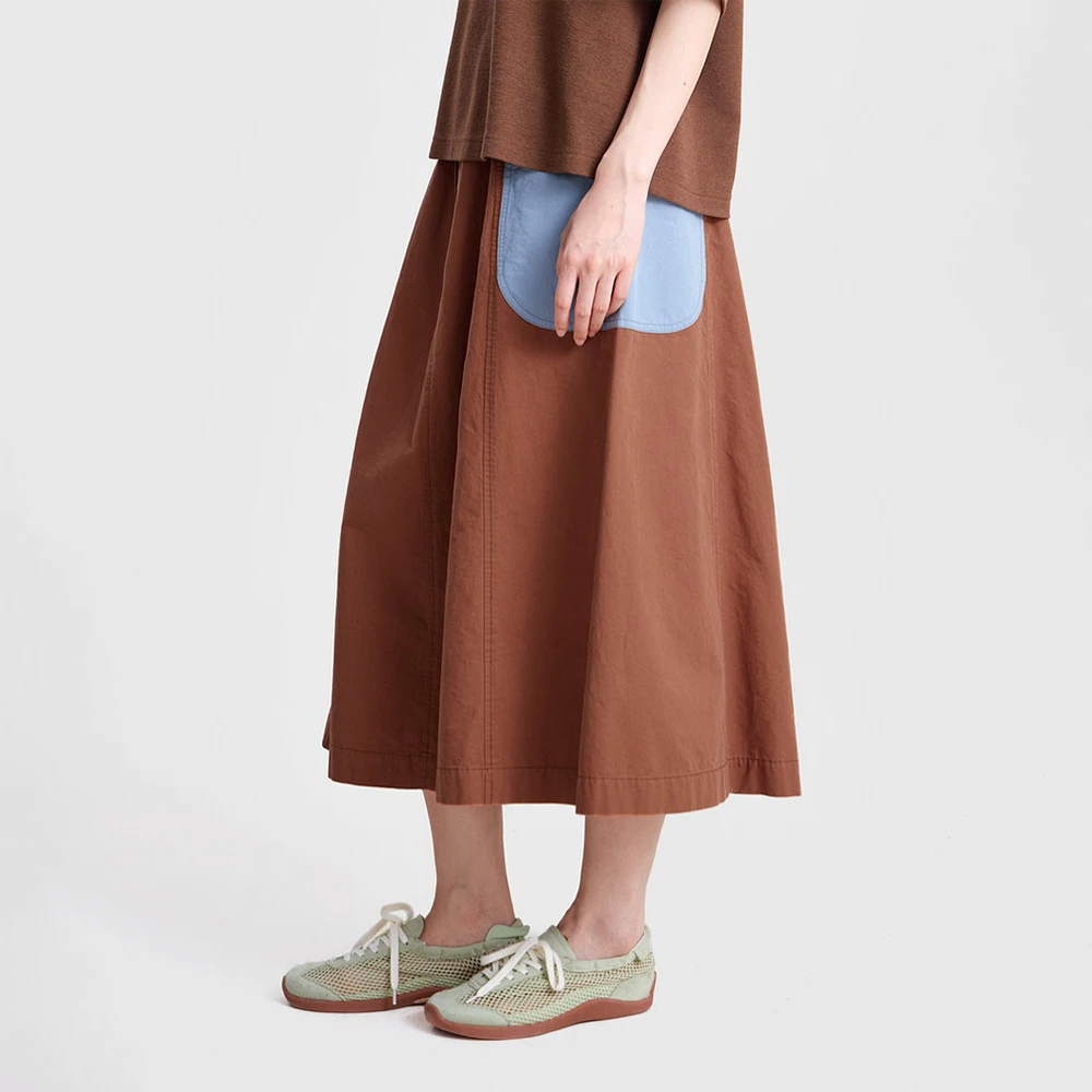 MOVEUP A Line Midi Skirt 2026 Spring New Pure Cotton Elastic Waist Color Block Pocket  Casual Loose Retro Style  Skirt 3ELC20611