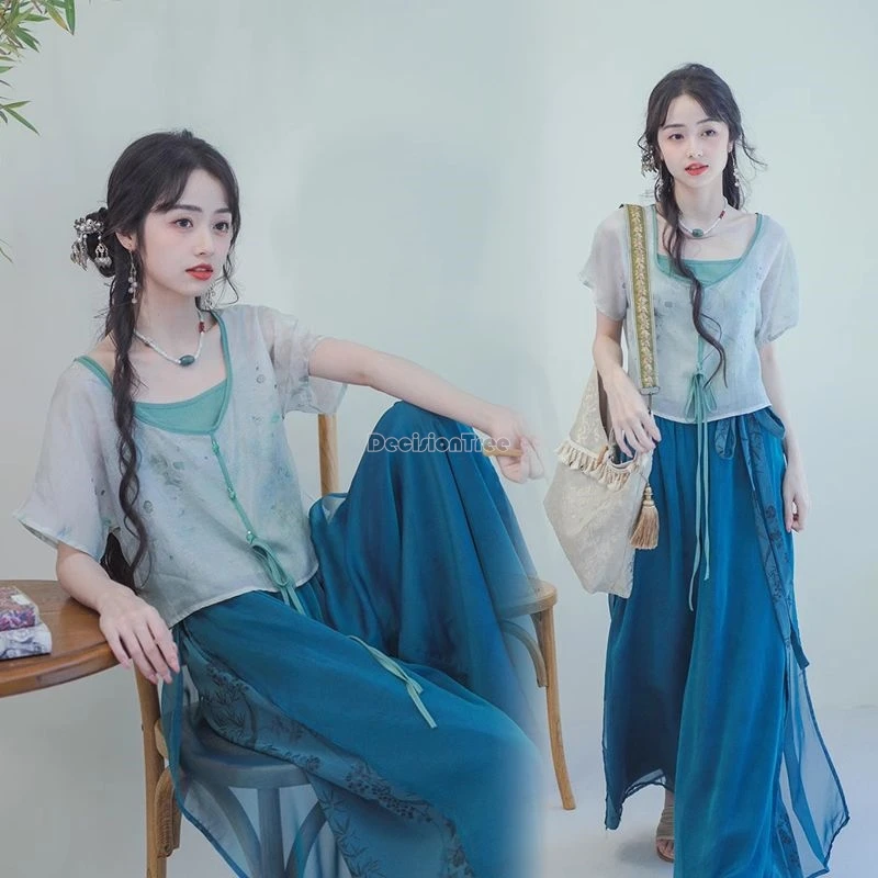 2024 Nieuwe Zomer Verbeterde Chinese Song Dynastie Vrouwen Hanfu Set Zachte Nationale Stijl Korte Mouw Top Losse Casual Broek Set W895