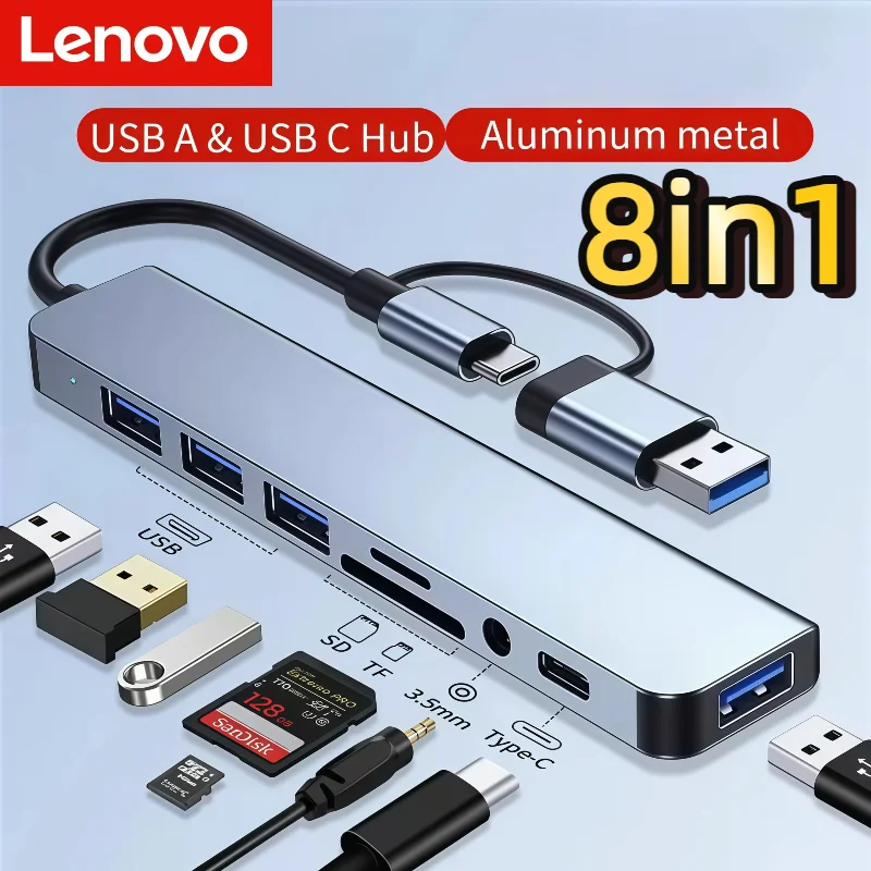

Lenovo 8in1 USB C Type C HUB Docking Station with Audio Jack Adapter For Micro SD Card Reader Laptop Tablet Phone Disk Converter