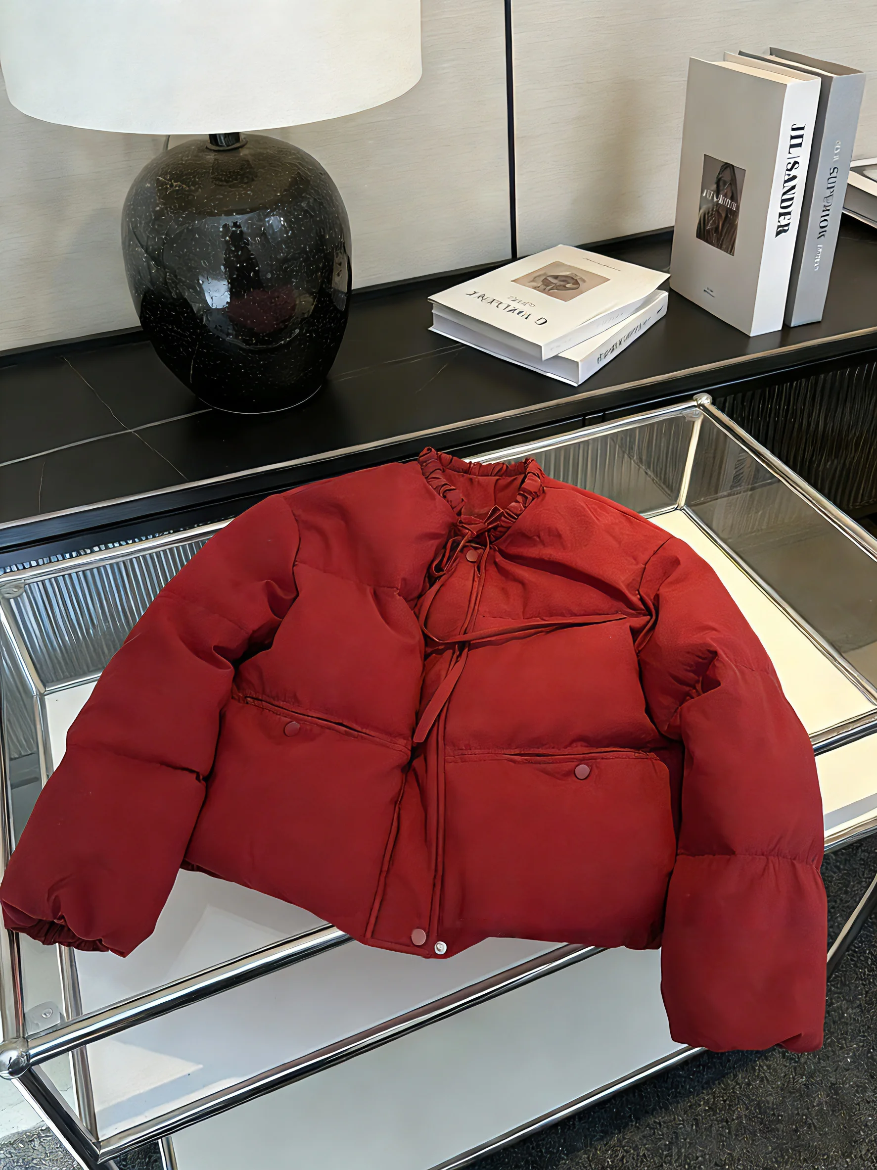 

Korean Sle round Ne Knot Cotton Jaet Women's ort Warmth Bread Sle Autumn Winter Design Sense Outerwear