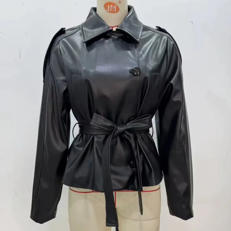 Hksh outono inverno novas mulheres jaqueta de couro do plutônio tendência elegante moda high street turn-down colarinho botão faixas casaco ins hk12769