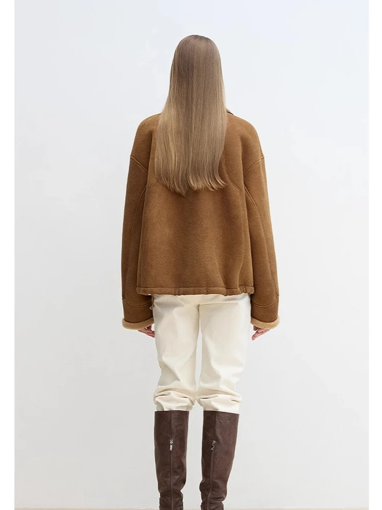 High-end Luxury Merinoแกะขนสัตว์ฤดูหนาวSuedeแจ็คเก็ตผู้หญิง 2025 ใหม่VINTAGEสั้นของแท้หนังReal Lamb FUR Coat