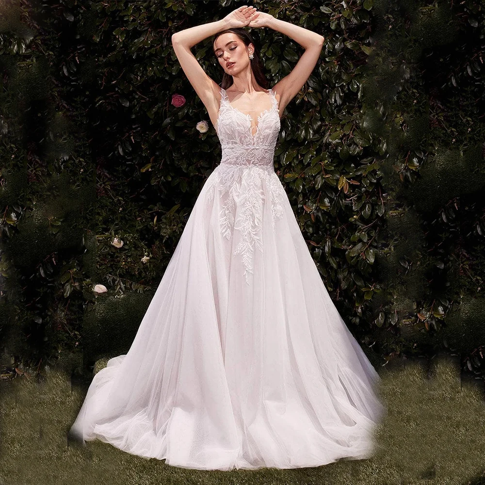 

DRESS FORU Elegant Sexy Wedding Dress Tulle for Floor-Length Backless Spaghetti Strap Prom Dress Robes De Soirée Customized