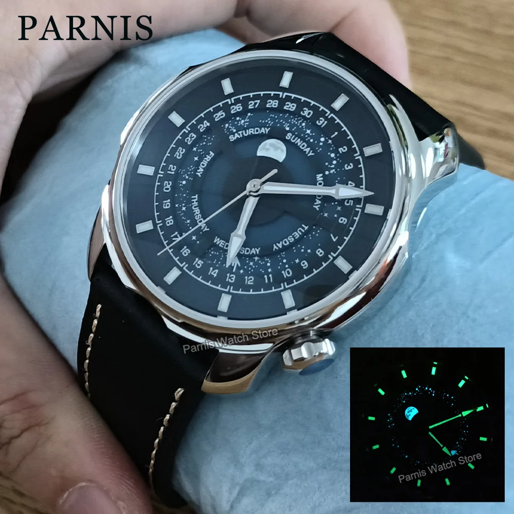 42mm Parnis Azul Romântico Céu Estrelado Mostrador Cristal de Safira Homens Relógio Automático de Aço Inoxidável