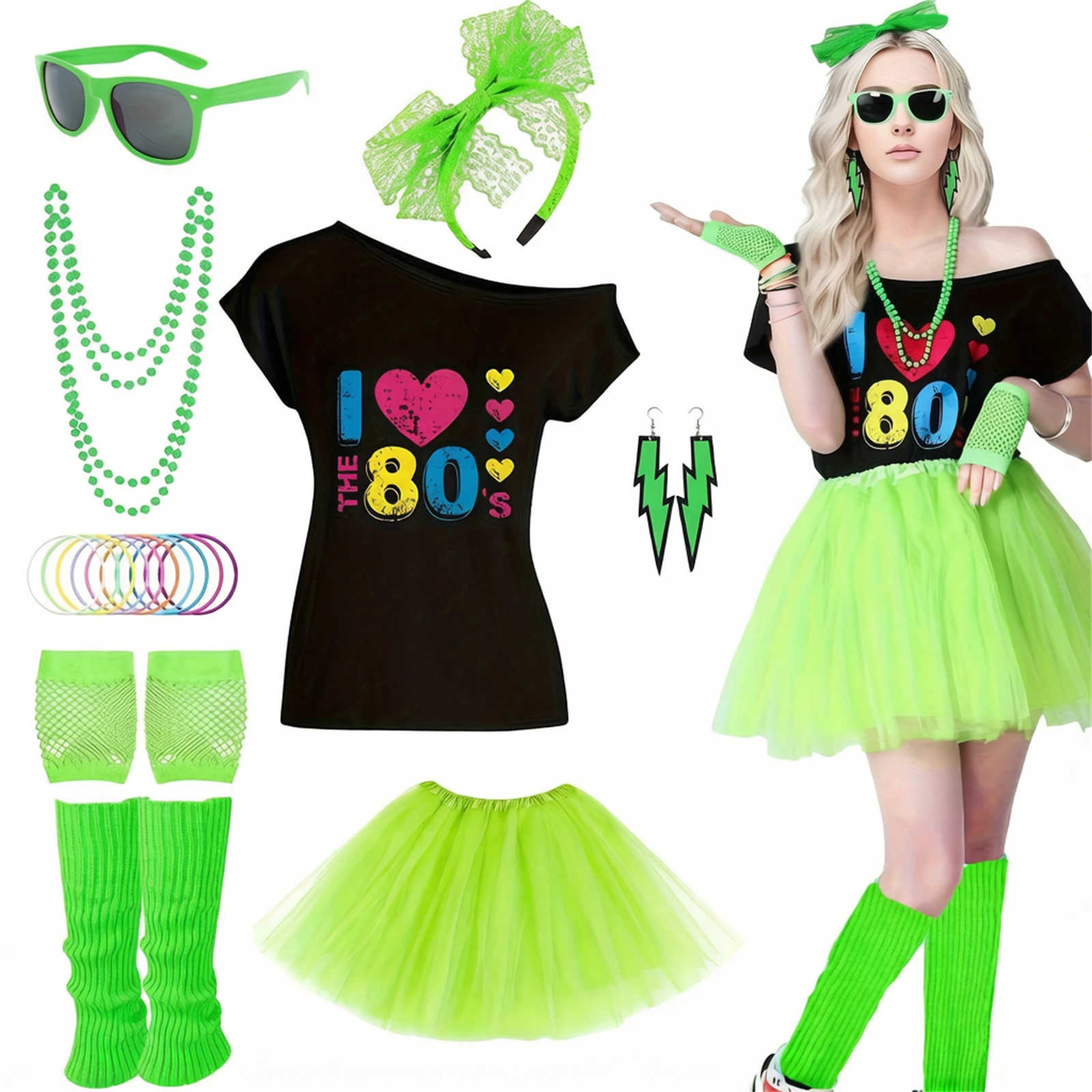 Ensemble de costumes pour femmes des années 80, t-shirt à épaules dénudées, jupe tutu, accessoires, tenue néon pour les soirées rétro, Halloween