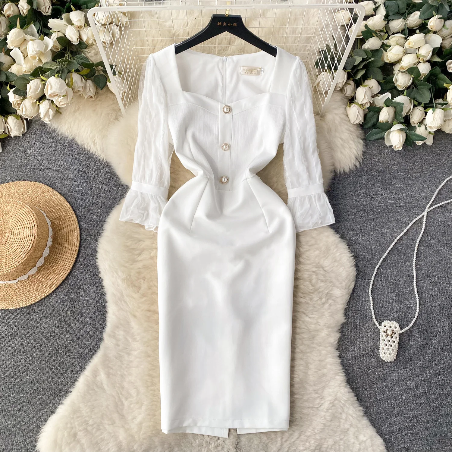 

Foamlina White Dress Women Elegant Korean Autumn New Square Collar 3/4 Sleeve Buttons Decoration Slim Midi Bodycon Party Dress