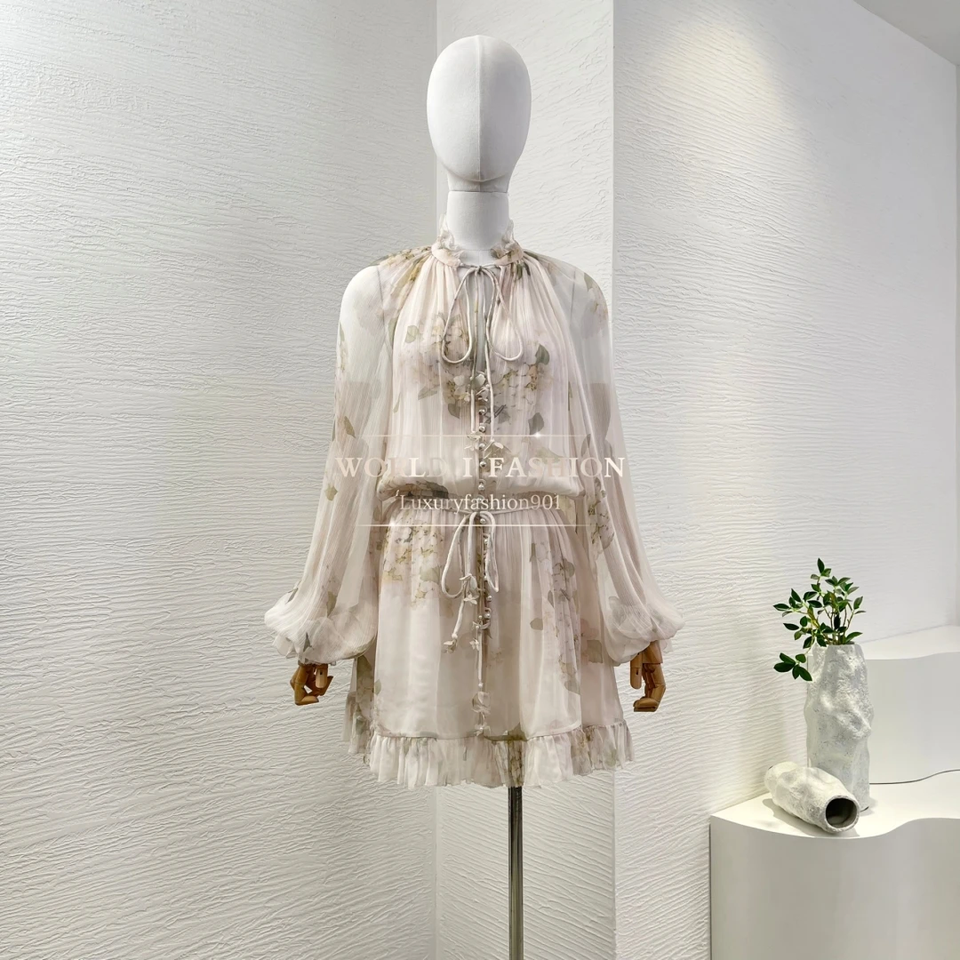 

2025 High Quality White Floral Print Pleat Long Sleeve Jumpsuit For Women