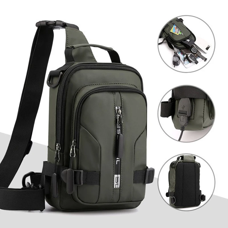 Waterproof Casual Chest Bag Men Multifunction Anti-theft USB Charging Men Crossbody Bag Nylon Canvas Travel Chest Bag Pack Male