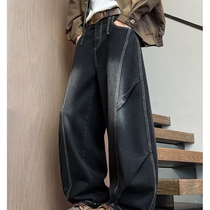 Novos jeans japoneses retrô lavados com corte curvo para homens e mulheres, modelo solto, perna reta, casual, perna larga, comprimento até o chão, mod