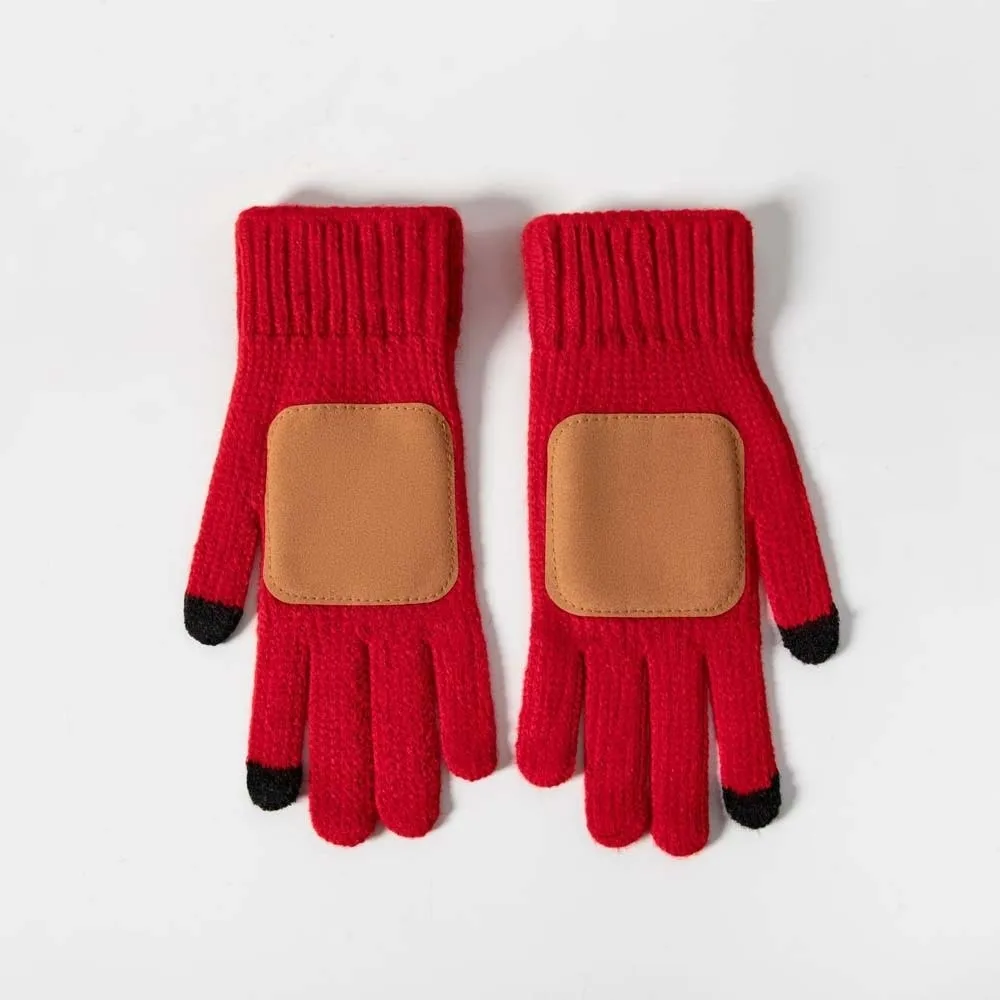 Leather Patch Touchscreen Gloves Knitted Wool Solid Color Winter Knit Mittens Soft Texture Thick Lining Woolen Warm Gloves