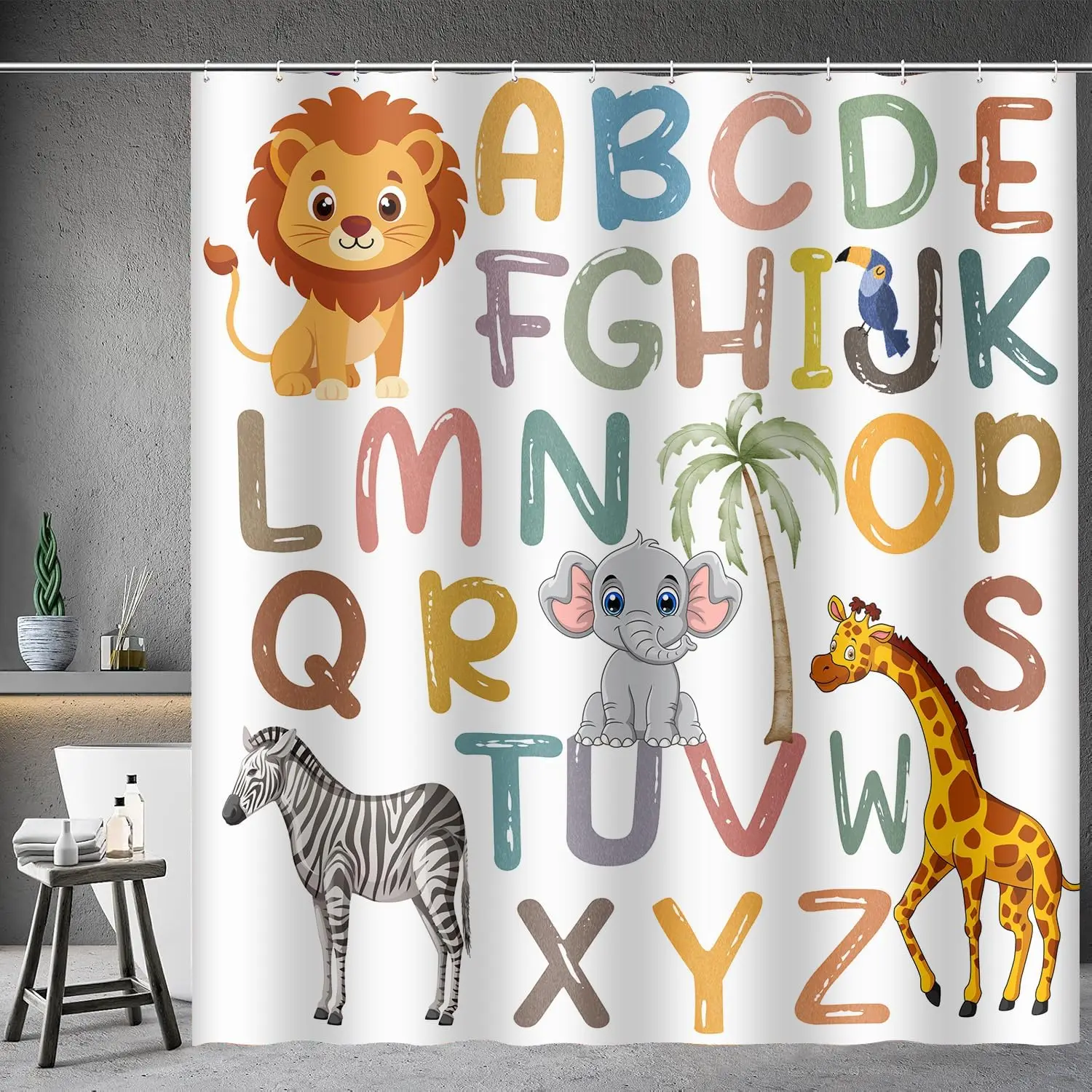 Alphabet Animal Shower Curtain, Cartoon Safari Animals ABC Letters White Background Kids Learning Waterproof Bath Curtain Decor