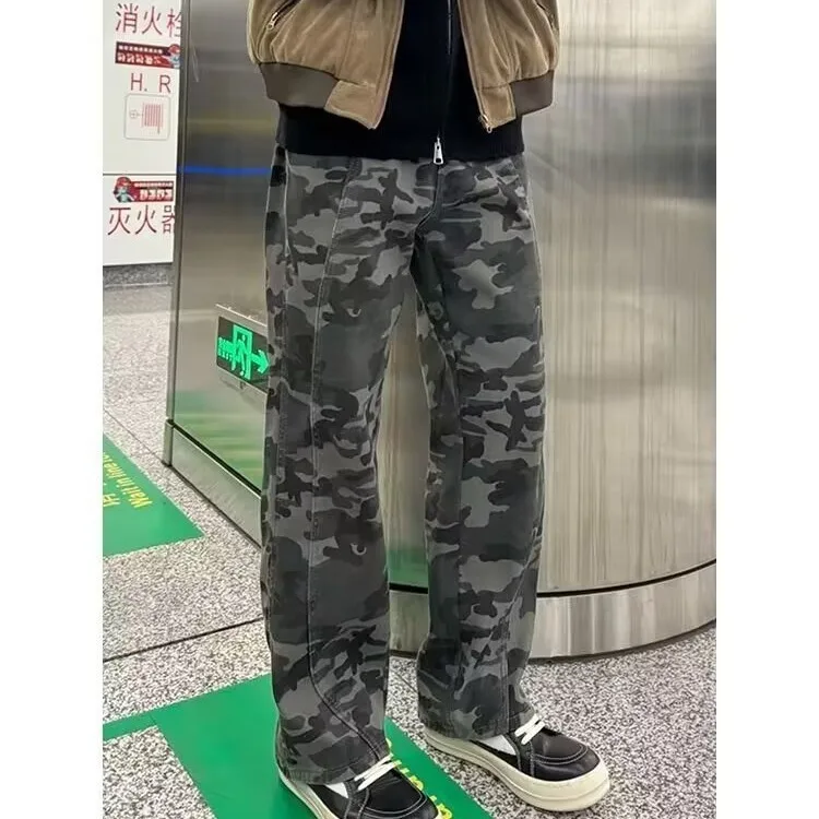 Spring And Autumn American Retro Camouflage Design Pants Men's High Street Army Green Logging Pants Straight Tooling Jeans