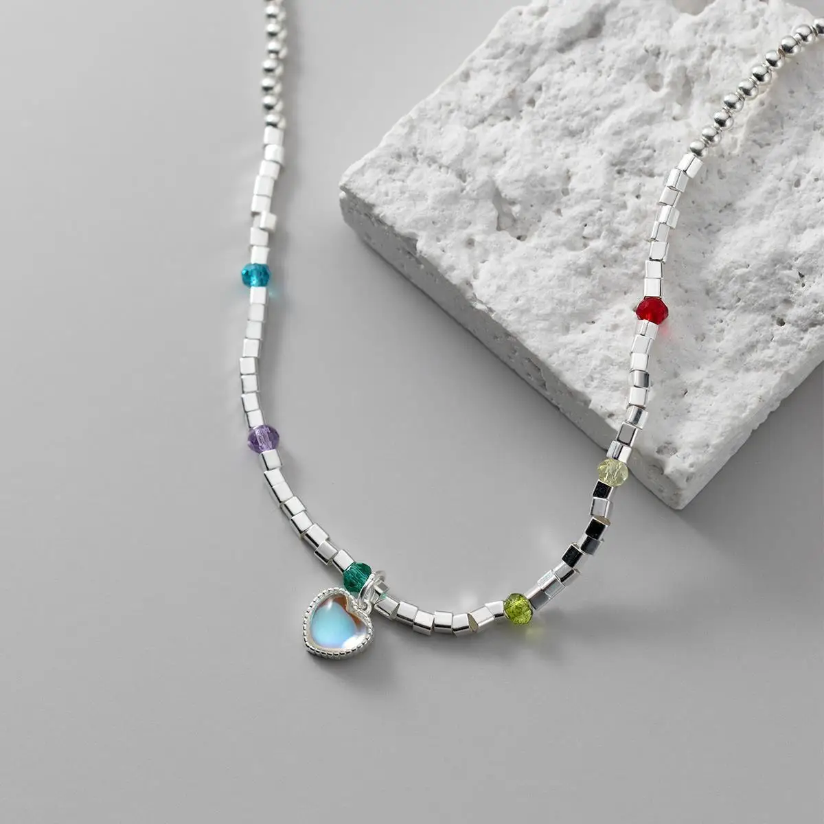 

Ожерелье из стерлингового серебра 925 пробы, луна, камень, сердце, красочные бусины, кубик в стиле панк для женщин и девушек, ювелирные изделия, подарок, Прямая поставка, оптовая продажа