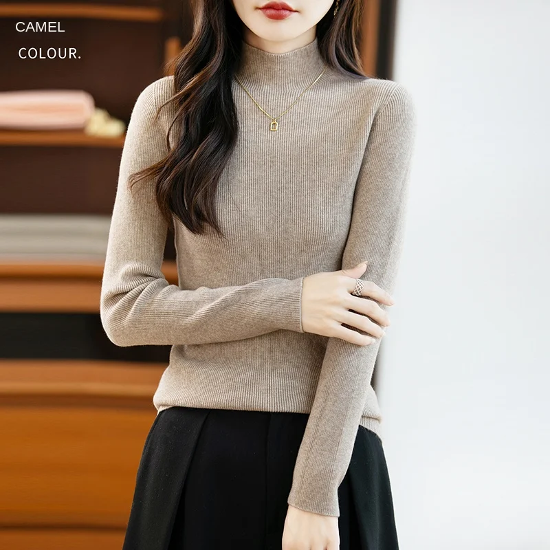 سترة محبوكة شبه عالية الرقبة على الموضة للخريف والشتاء، بلوفر نسائي بأكمام طويلة بلون سادة، سترة عالية المرونة-105