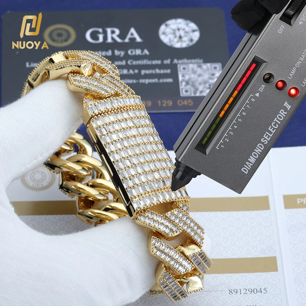 NUOYA Fine Jewelry 20mm 925 Sterling Silver Chunky Cuban Link Chain Pass Diamond Test Baguette VVS Moissanite Necklace Women..