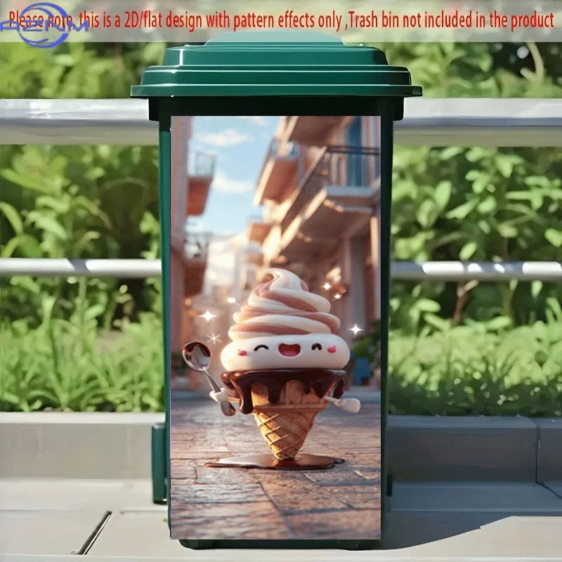 PC 2D Flat Self-Adhesive Trash Can Sticker, Cute Ice Cream Cone Decorative Decal, Creative Trash Can Decoration, Suitable for