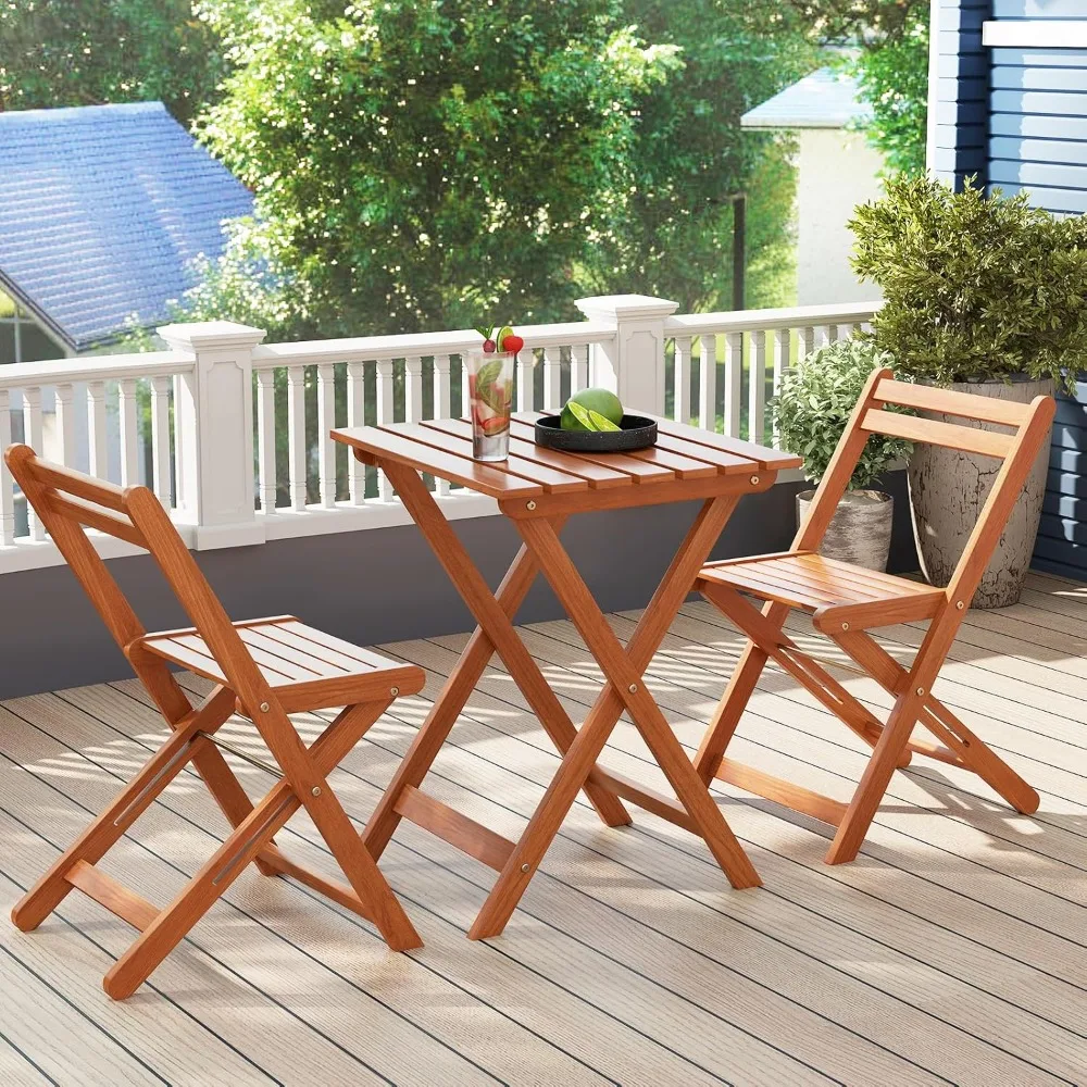 3-Piece Folding Bistro Table and Chairs Set, Solid Wood Small Patio Dining Set, Outdoor Cafe Table