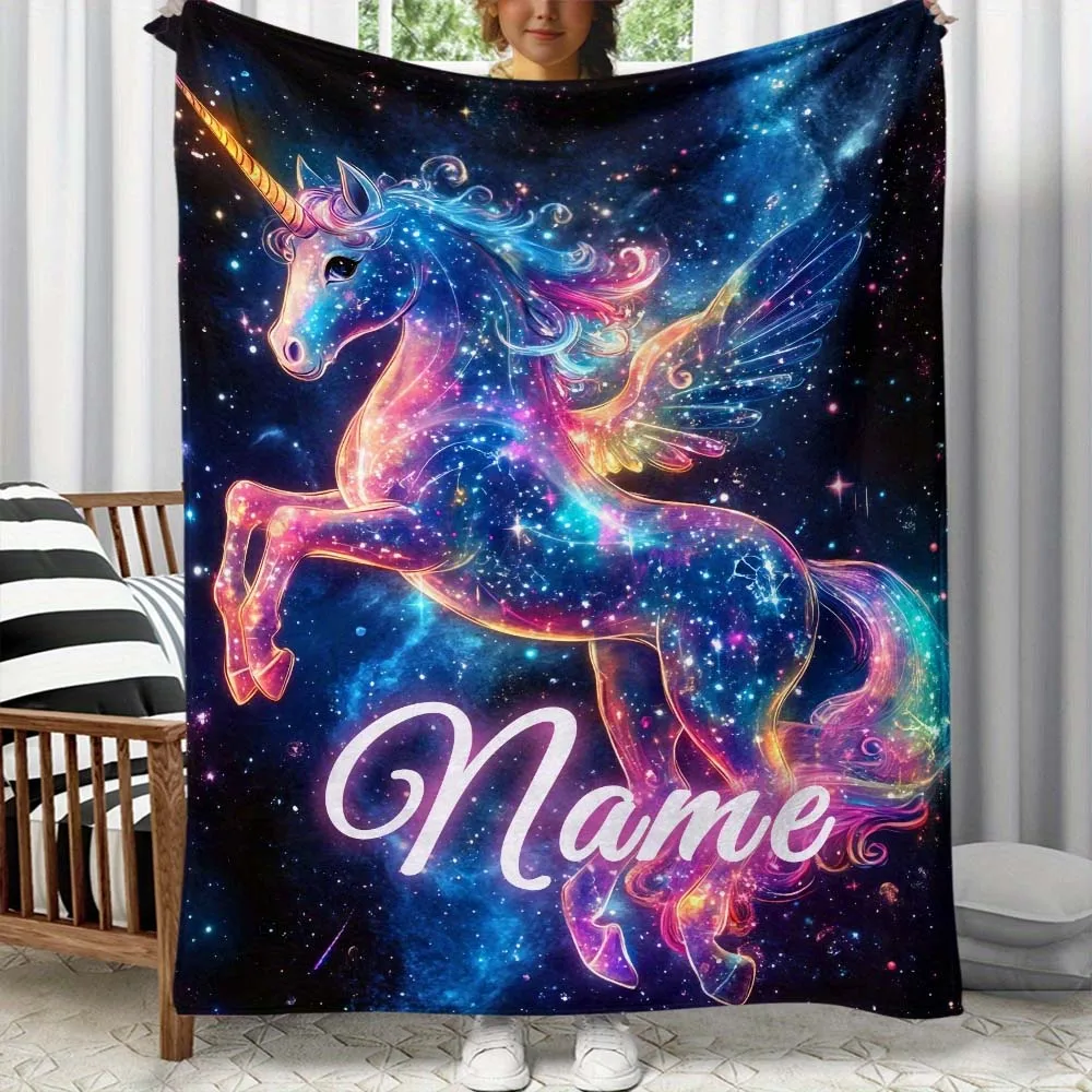 

1pc Custom Name Galaxy Unicorn Pegasus Fleece Blanket, Personalized Magical Space Unicorn Throw Blanket for
