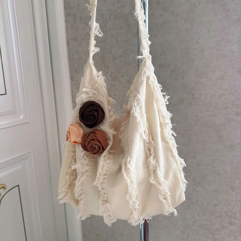 

Large Capacity Linen Jacquard Tote Bag Korean Style Cotton Bag Decorated with Roses Solid Color Lightweight Flax Raw Edge Bag