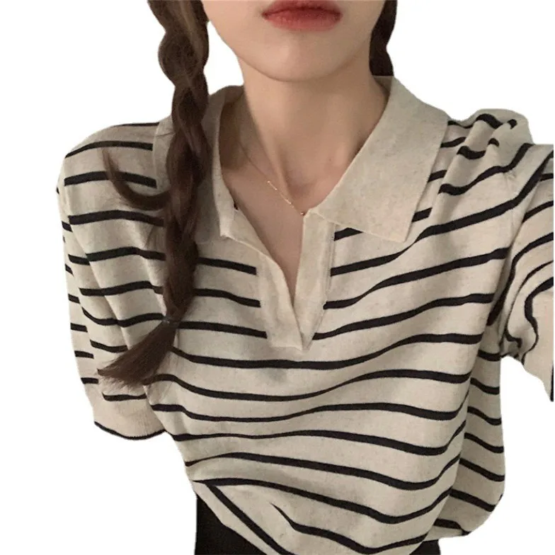 Cseta de Manga Curta em Malha de Seda Gelada com tras, Moda Fena, Nova Versão Coreana, Decote em V, Estilo Casual F...