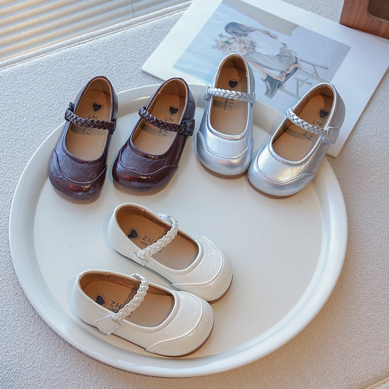 

Кожаная обувь для девочек, весна-осень 2023, новые простые тканые детские туфли принцессы с круглым носком, модная детская обувь 21-33