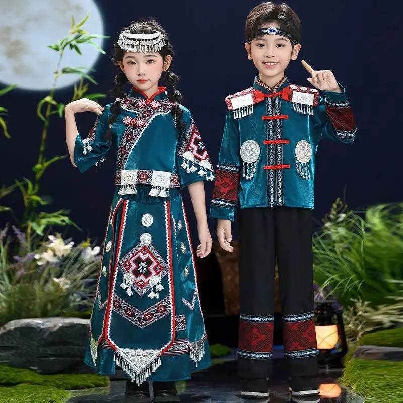 

2026 Creative New Children's Dance Performance Costume Girls/Boys' Chinese Yunnan Miao Ethnic Style Top Pants Costume Set LI689