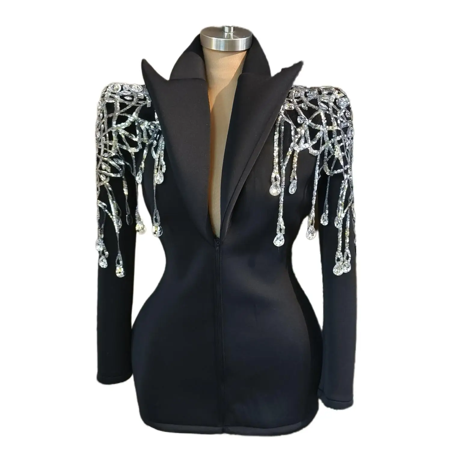 Sexy Black Tassel Sequin Crystal Suit Jacket Stage Performance Dance Costume Women Party Club Blazer DJ Singer Bar Club Dress