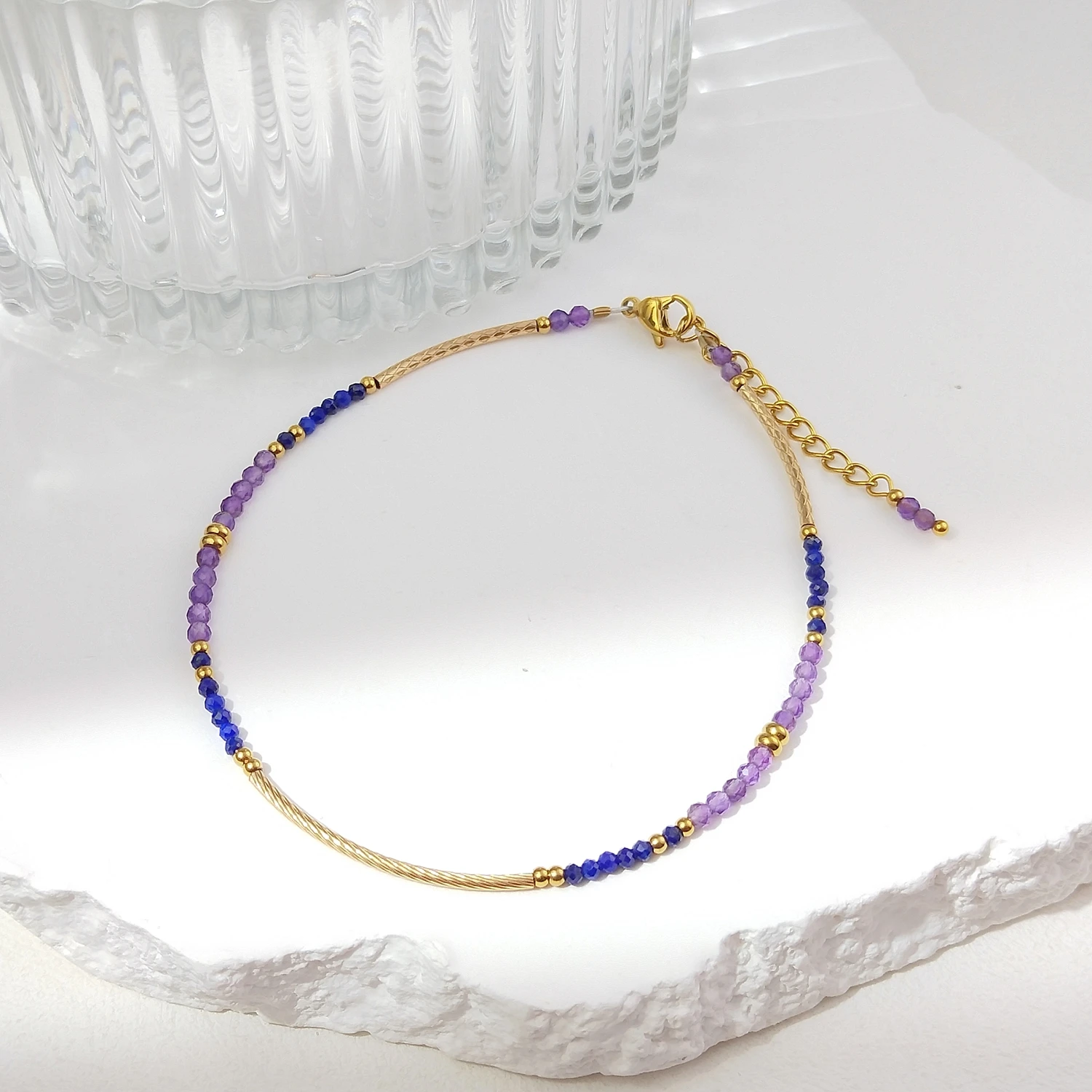 Lii Ji Natural Stone 2mm Amethyst Lapis Lazuli Beaded Anklet 21.5+3cm Handmade Bohe Fashion Jewelry For Female