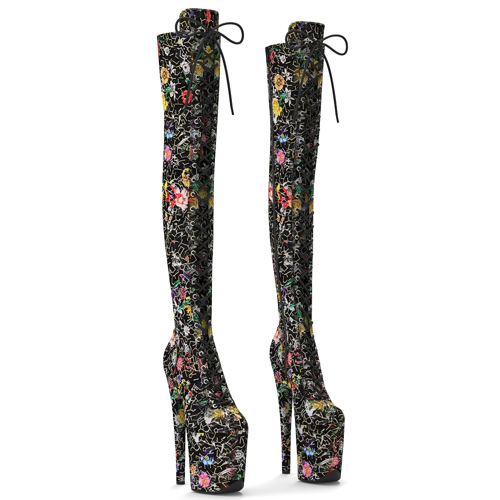 Leecabe 20cm/8inches Sexy Trend Fashion Exotic Flower Pattern Women High Heel Platform Thigh High Boots Pole Dancing Boots