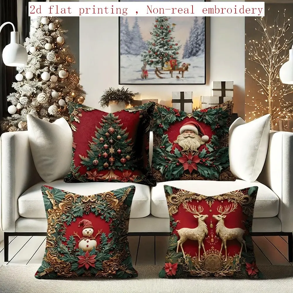 4pcs Luxury Christmas Pillow Covers, Red Green Gold Poinsettia Holly Berry Print, Zippered Washable for Sofa Bed Xmas Decor