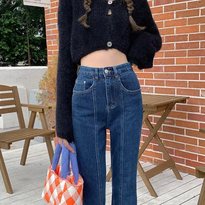 Dżinsy Split Irregular Design Winter Female 2024 New High Waist Slim Joker Design Sense Split Dark Blue Bell Bottoms Tide