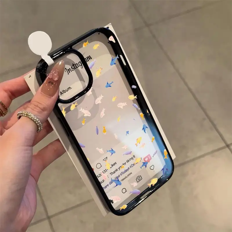 

Phone Case For iPhone 16 15 14 13 12 11 Pro Max Plus New INS Cartoon Cute Color Small Fish Print Transparent Protective Cover