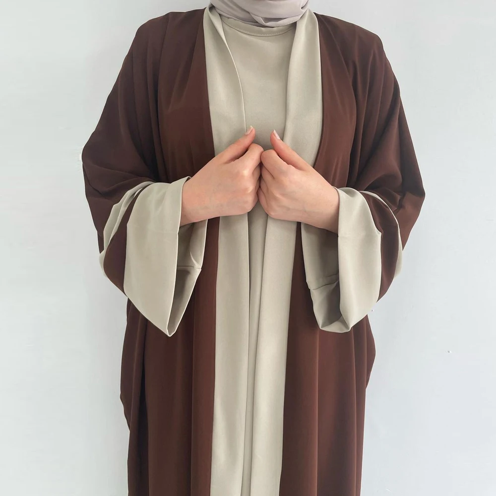 Two Pieces Muslim Sets Modest Islamic Clothing Ramadan Brown Open Kimono Abaya Eid Outfit Women Double Suit Ladies Kaftan Dress